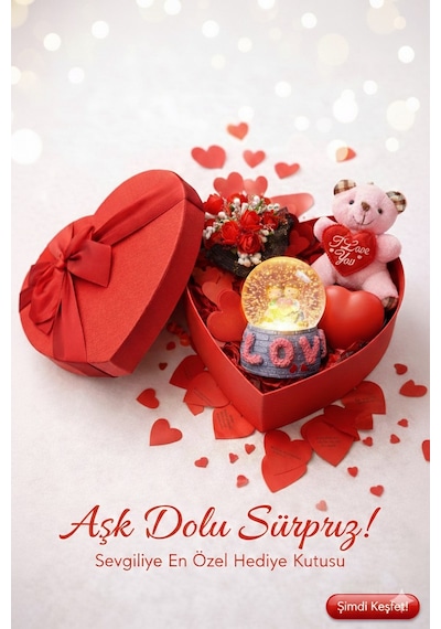 Sevgiliye Romantik Hediye Kutusu Işıklı Kalp Ve Kar Küresi Peluş Ayıcık Ve Gül Buketi Hediye Seti 01 Çok Renkli
