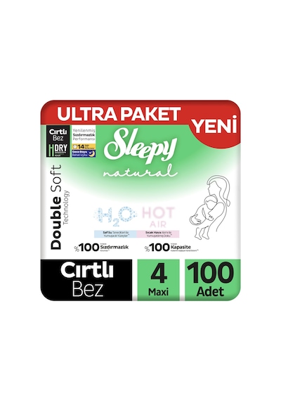 Sleepy Natural Double Soft Ultra Paket Bebek Bezi 4 Numara Maxi 100 Adet