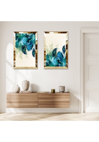 Gold Aynalı Pleksi Çerçeveli Su Yeşili Soyut Desen Modern İkili Mdf Tablo Seti