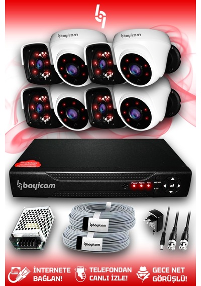 Bayicam 8 Kameralı Panda 4 İç Kamera Set HDD'siz Full HD Gece Görüşlü Güvenlik Kamerası Sistemi
