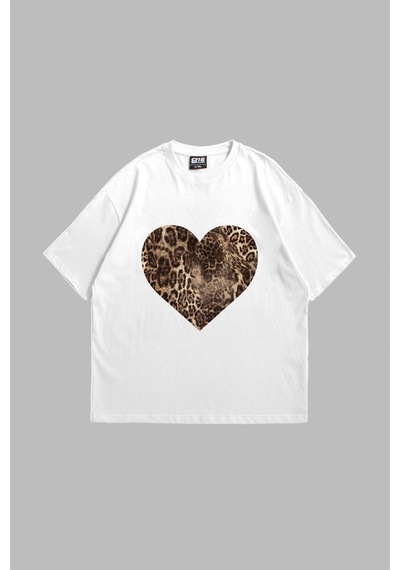 Startmore Kalp Leopar Baskılı 24/1 Oversize Unisex Beyaz Beyaz