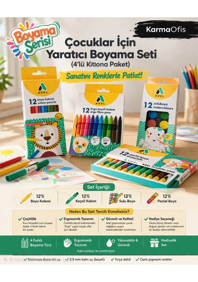 4 Lü Boyama Seti 12 Li Boya Kalemi + Keçeli Kalem+sulu Boya+pastel Boya Yaratıcı Boyama Seti