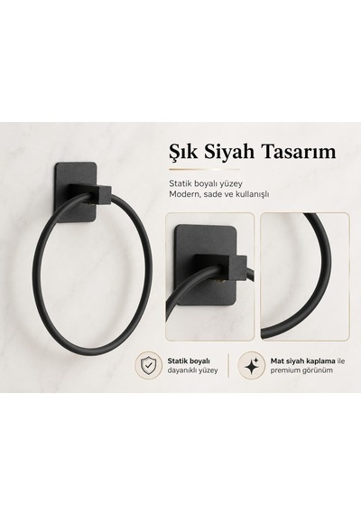 Siyah Kare Yuvarlak Havluluk, Yapışkanlı Ve Vidalı Montajlı Duvara Monte Halka Havlu Askısı, Mat Siyah Banyo Akse Çok Renkli