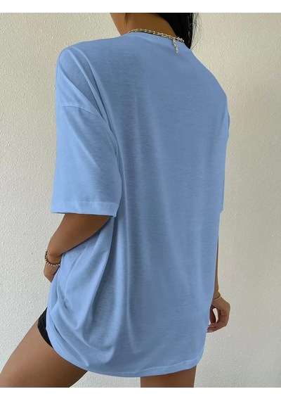 Flood Of Style Over Thinking T-shirt - Baskılı Oversize Bisiklet Yaka Mavi