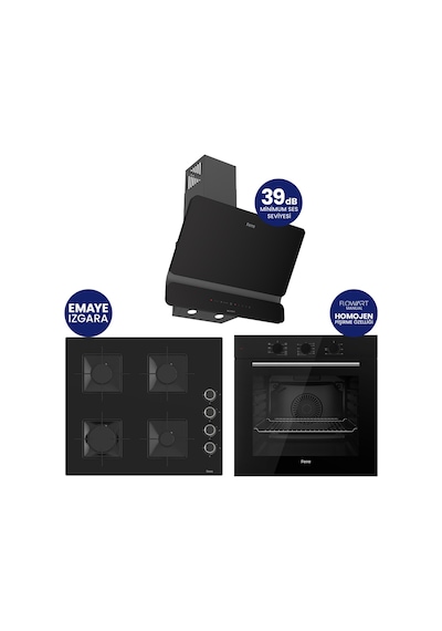 Flowart Turbolu Silenart QBL62CS - SS205 - D080SA Siyah Cam Ankastre Set