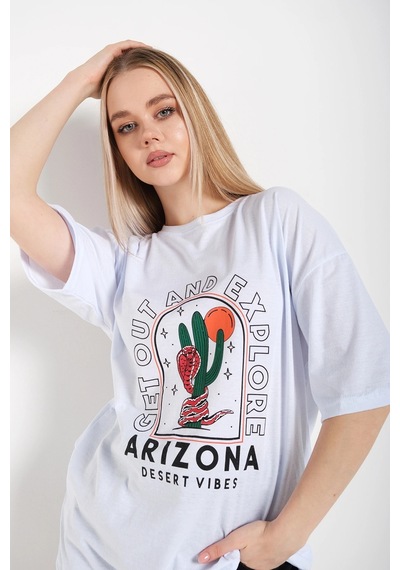 Startmore Kadın Beyaz Oversize Arizona Baskılı T-shirt Beyaz