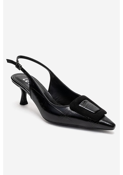 Luvishoes Dublın Siyah Baskı Tokalı Kadın Topuklu Ayakkabı Siyah