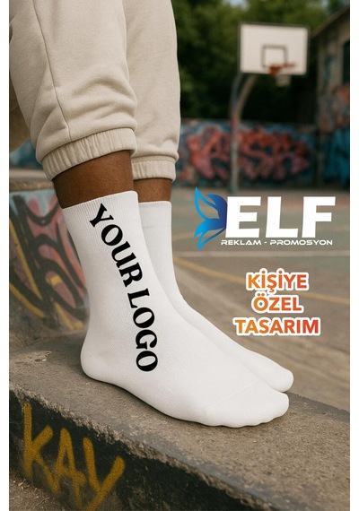 Elf Reklam Kişiye Özel Baskılı Çorap Tasarlanabilir Beyaz