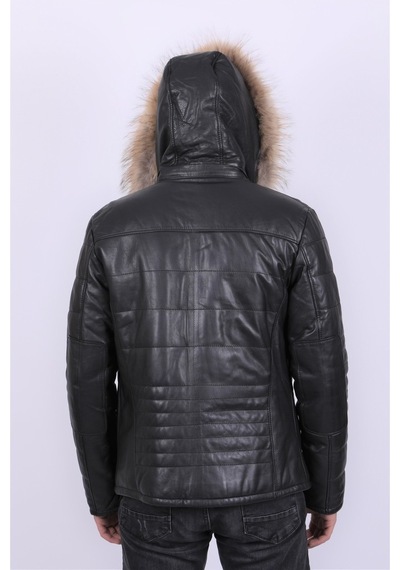 New Zaya Leather Erkek Kapüşonlu Şişme Deri Mont Siyah