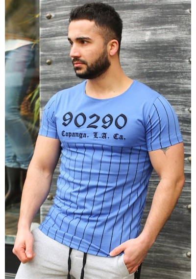 Madmext Madmext Bisiklet Yaka Çizgi Detaylı Mavi Tişört 2863-mavi Mavi