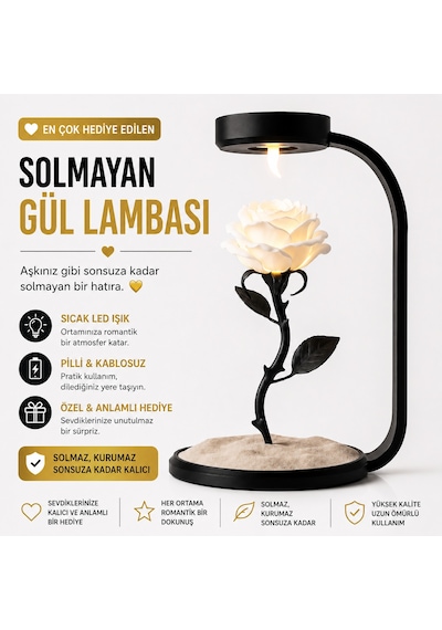 Moonlamp Beyaz Gül Dekoratif Hediyelik Lamba