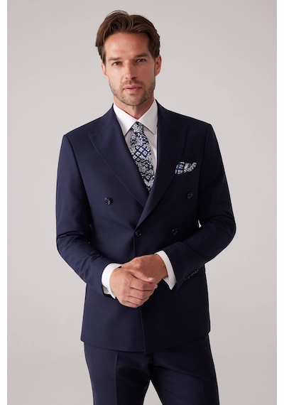 Erkek Lacivert Slim Fit Kruvaze %100 Yün Takım Elbise