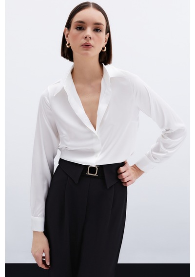 Sateen Oversize Saten Gömlek - Ekru