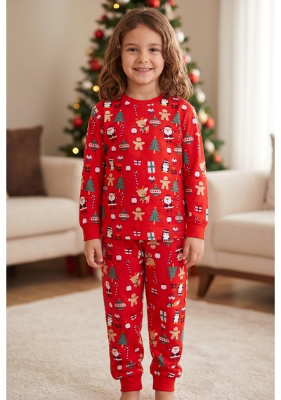 Bmt Bebek %100 Pamuk Kırmızı Yılbaşı Temalı Çocuk Pijama Takımı 3-12 Yaş