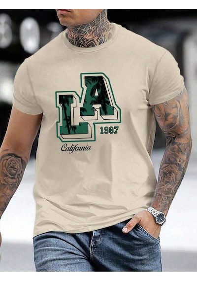 T-shirt - La 1987 Baskılı Oversize Bisiklet Yaka Kısa Kol Tişört Bej