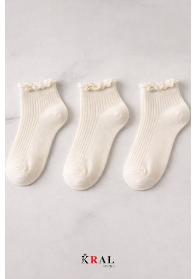 Kral Socks 3 Çift Pamuklu Fırfırlı Kadın Patik Çorap Dikişsiz Burun Ekru
