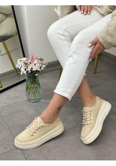 Erva'nın Butiği Ekru Keten Werner Bağcıklı Kadın Sneakers-5358