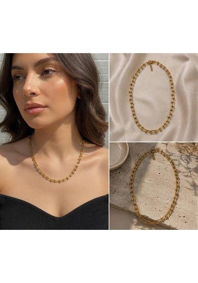 Premium Parlak Ve Şık Gold Renk Geometrik Zincir 316l Çelik Kadın Kolye 45cm Altın