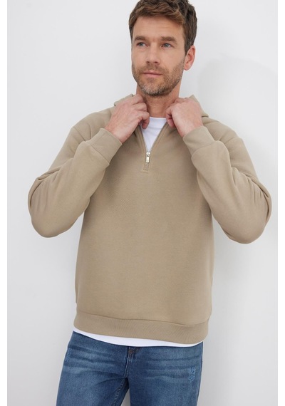 Tudors Unisex Relax Fit Rahat Kesim Pamuklu İçi Polarlı Yarım Fermuarlı Taş Renk Kapüşonlu Sweatshirt-37024 Gri