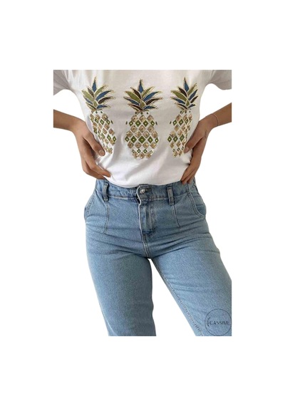 Cassime Kadın Büyük Ananas Pul Payet Işlemeli %100 Pamuk Kısa Kollu V-yaka Tişört Xl-2xl-3xl Beyaz Cassime Kadın Büyük Ananas Pul Payet Işlemeli %100 Pamuk Kısa Kollu V-yaka Tişört Xl-2xl-3xl Beyaz