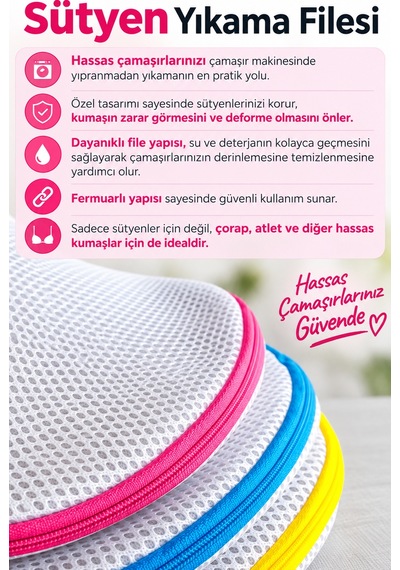 3 Lü Set Sütyen Yıkama Filesi Çamaşır Makinesi Koruyucu File Fermuarlı Hassas Çamaşır Torbası Beyaz