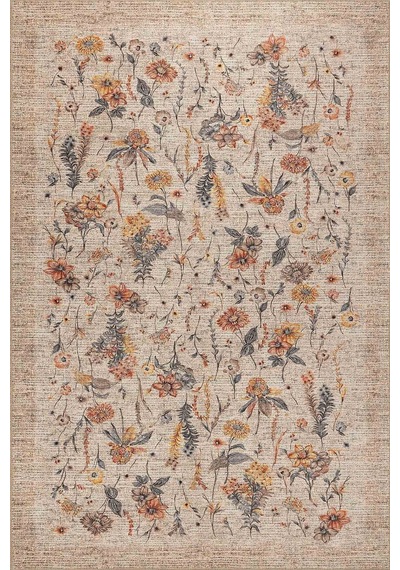 Artloop Florart Bej / Turuncu Vintage Dokulu Çiçek Desenli Dokuma Tabanlı Şönil Halı Al 470 Bej - Turuncu