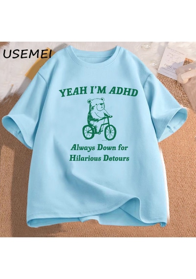 Flood Of Style Komik Grafik T Shirt Erkekler Evet Ben Adhd Rakun Meme T Shirt Unisex Moda Rahat O-boyun Boy Mavi