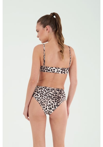 Louren Kadın Siyah Leopar Desenli İnce Kaplı Sabit Askılı Straplez Bikini Takımı Siyah