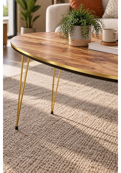 Sulorahome Orta Sehpa Elips Formunda Ceviz Desenli Gold Metal Ayaklı