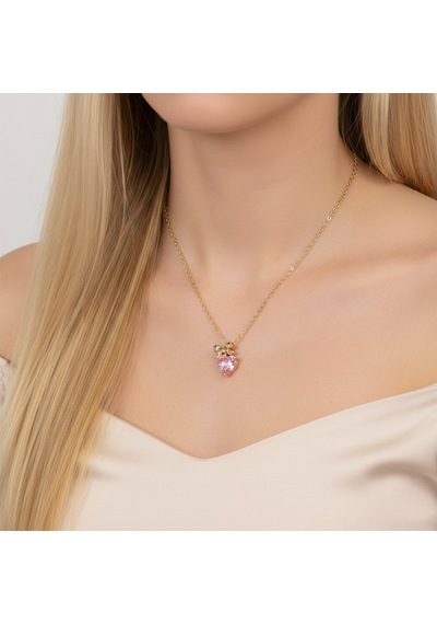 Altın Kaplama Kurdeleli Pembe Kalp Çelik Kolye Altın