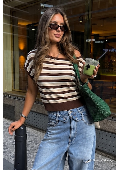 Madmext Çizgili Kahve Düşük Omuz Triko Bluz Mg2796