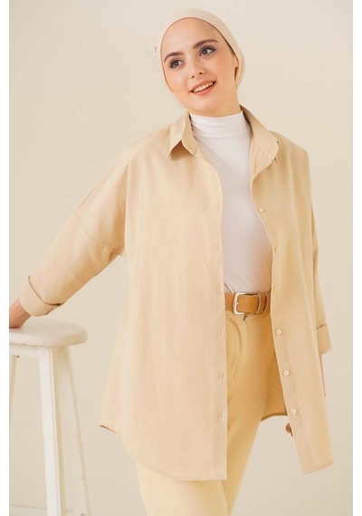 Bigdart 103901 Oversize Basic Tesettür Gömlek - Krem 001