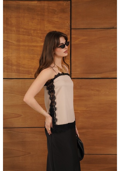 Verymoda Dantel Detaylı Askılı Saten Tunik - D2931 Taş