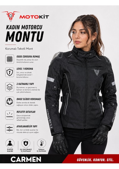 Motokit Crazybull Carmen Siyah Kadın 4 Mevsim 3 Katmanlı Korumalı Reflektörlü Motosiklet Montu