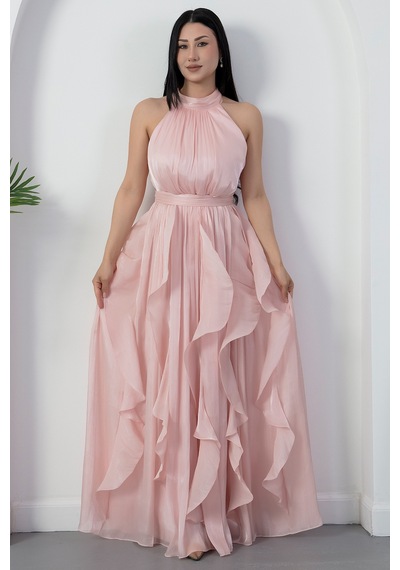 Kalopya Halter Yaka Eteği Fırfırlı Saten Elbise Eli6073 Pembe