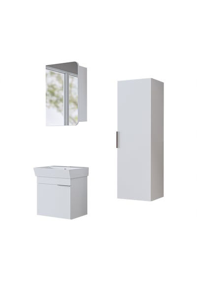Likya Kapaklı Lavabolu 50 Cm Banyo Alt Dolabı + Üst Dolabı + Banyo Boy Dolabı Beyaz