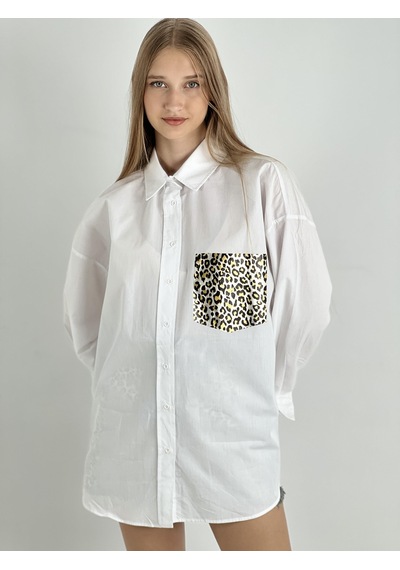 Miss Poem Kadın Leopar Varaklı Cep Detaylı Oversize Gömlek - Beyaz Beyaz