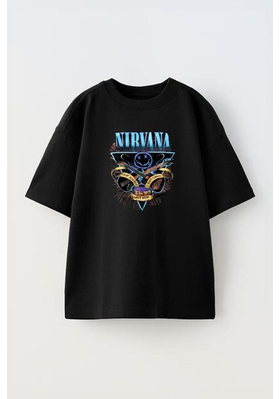Thewert Unisex Nirvana Kurt Coban Tasarım Baskılı Pamuk Sıyah Oversize T-shirt Siyah