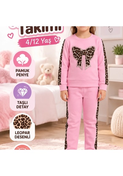 Candar Taşlı Leopar Desenli Pamuk Penye Çocuk Takımı 4/12 Yaş Pembe
