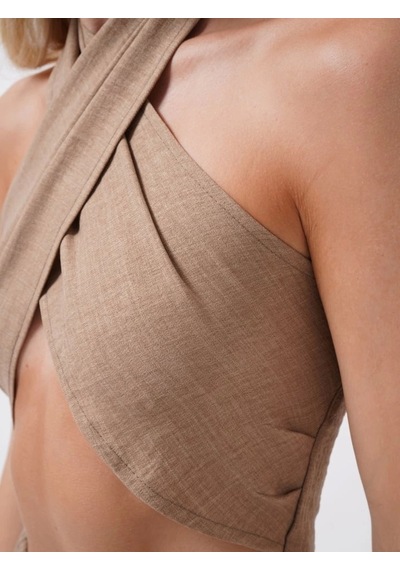Defymoda Çapraz Bağlamalı Keten Crop Bej