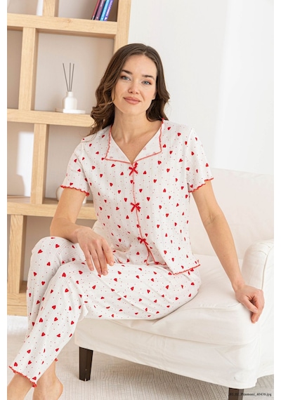 Nisanca Venice Dream %100 Pamuk Minimal Desenli Kadın Pijama Takımınefes Alabilir, Rahat Ev Giyim Seti Kırmızı