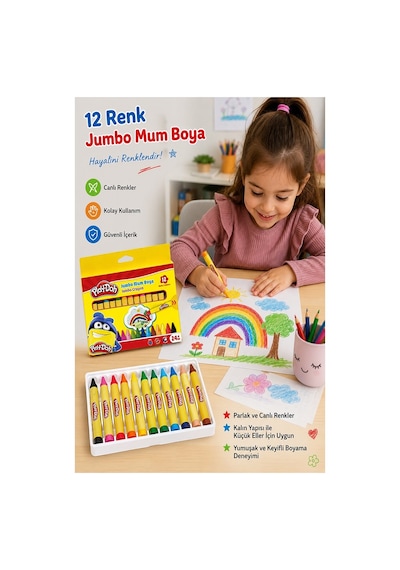 Jumbo Mum Boya 12 Li 1 Paket Play-doh 12 Renk Mumboya Elleri Kirletmeyen Yıkanabilir Silinebilir Karton Kutu Çok Renkli