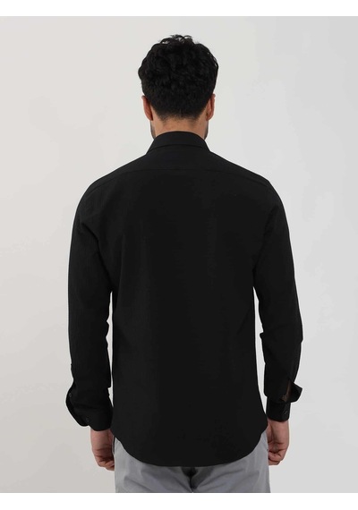 Dufy Siyah Erkek Slim Fit Gofre Desenli Brent Yaka Uzun Kol Gömlek - 104815-siyah Siyah