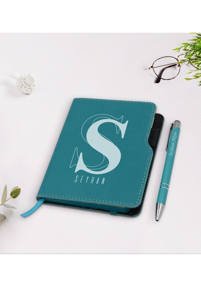 Kişiye Özel Isimli Turkuaz Termo Deri Defter Kalem Seti-34