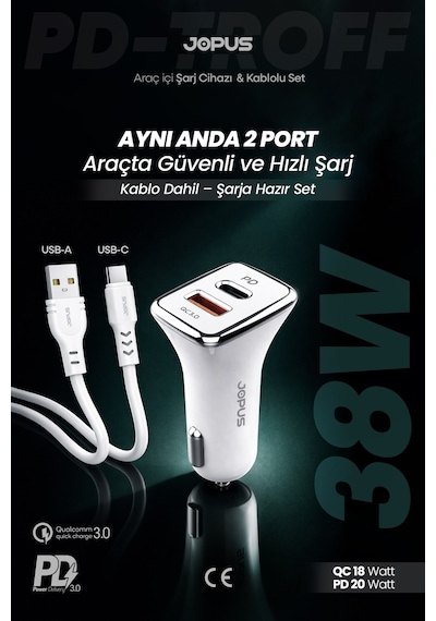 Jopus Type-C Kablolu Araç Şarj Aleti Çakmaklık Seti - Type-C + USB Girişli 38W JO-A7