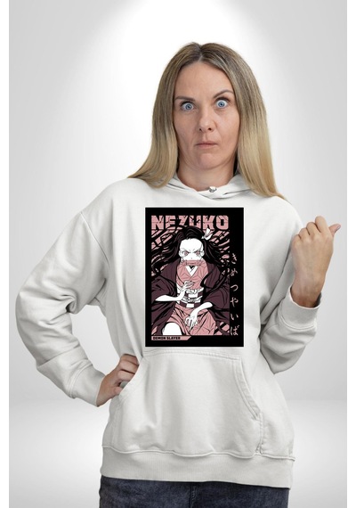 Nezuko Demon Slayer Kadın Erkek Beyaz Kapüşonlu Sweatshirt Hoodie Beyaz