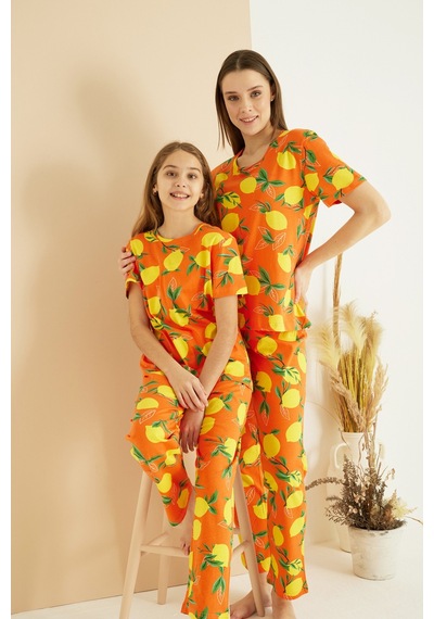 Siyah İnci Pamuklu Bisiklet Yaka Örme Pijama Takım25107130 Turuncu