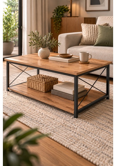 Sulorahome Ceviz Desenli Çift Raflı Orta Sehpa 90x50 Cm