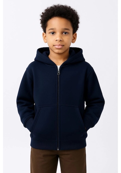 Erkek Çocuk Kapüşonlu Kanguru Cepli Tam Fermuarlı Hırka Sweatshirt - Lacivert