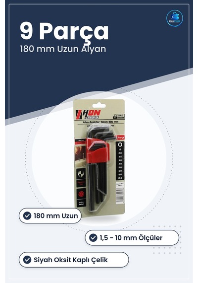 Alyan Anahtar Takımı Siyah Uzun 180 Mm 9 Parça Allen Yüksek Karbo